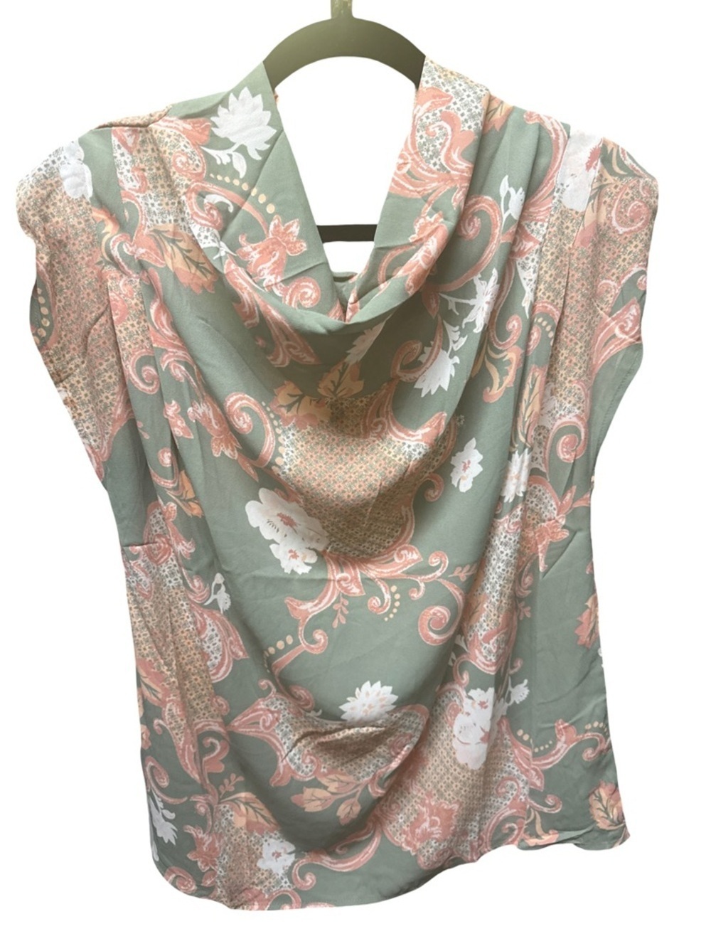 Sage Green Paisley Draped Cowl Neck Top